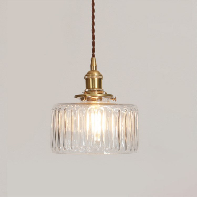 Ronde hanglamp van geribbeld glas en messing in Japanse stijl