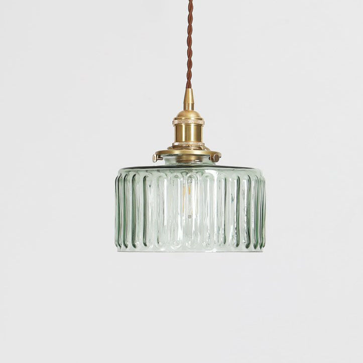 Ronde hanglamp van geribbeld glas en messing in Japanse stijl