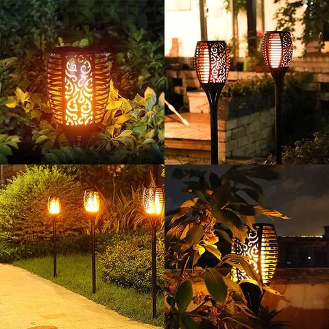Stojąca lampa zewnętrzna typu pochodnia z ażurowym kloszem