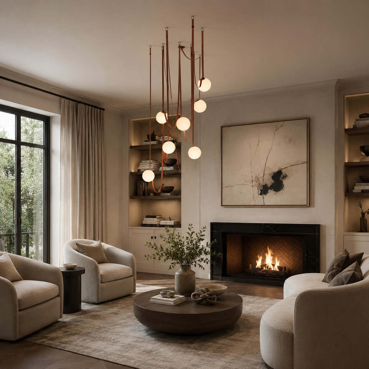 Modern ceiling light with an asymmetrical design and illuminated spheres