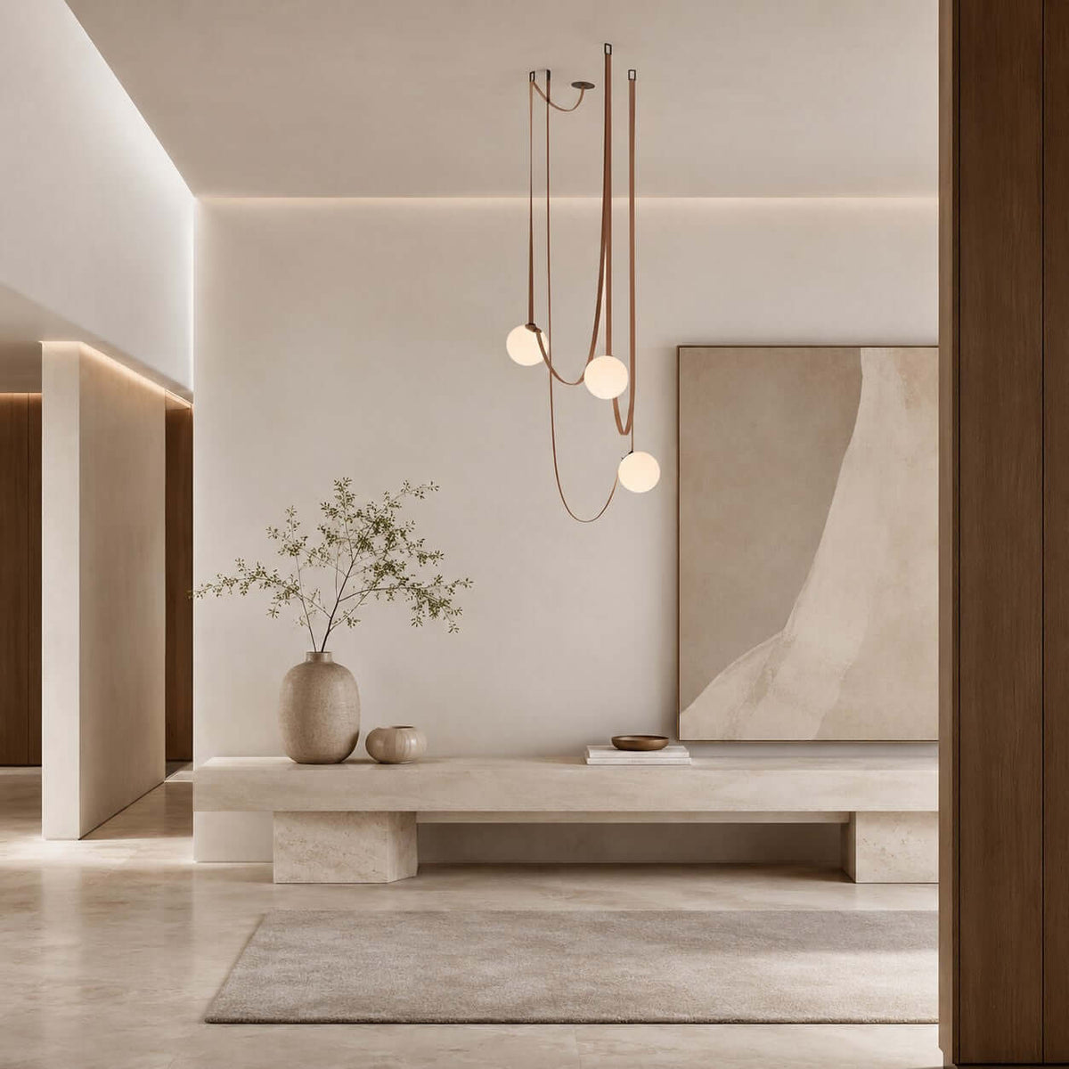 Modern ceiling light with an asymmetrical design and illuminated spheres