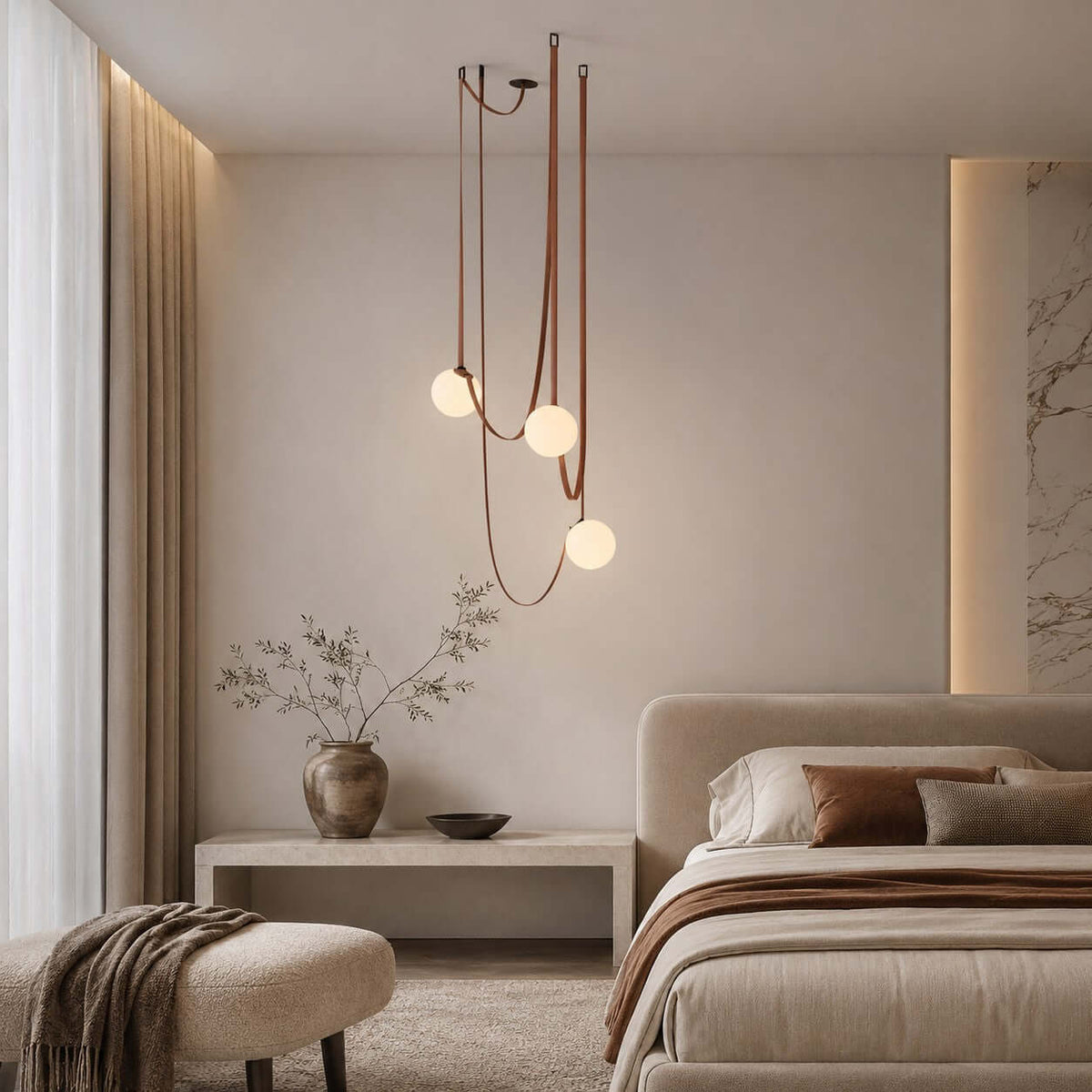 Modern ceiling light with an asymmetrical design and illuminated spheres