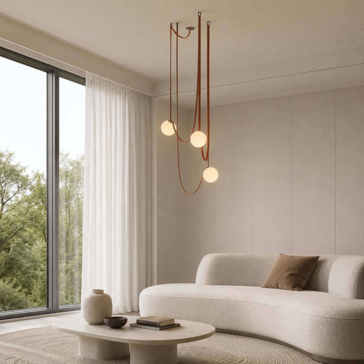 Modern ceiling light with an asymmetrical design and illuminated spheres