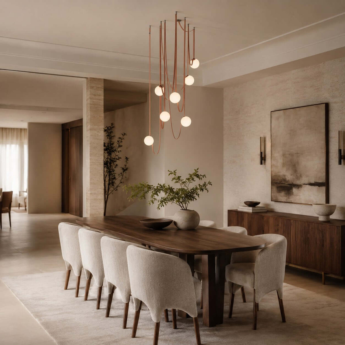 Modern ceiling light with an asymmetrical design and illuminated spheres