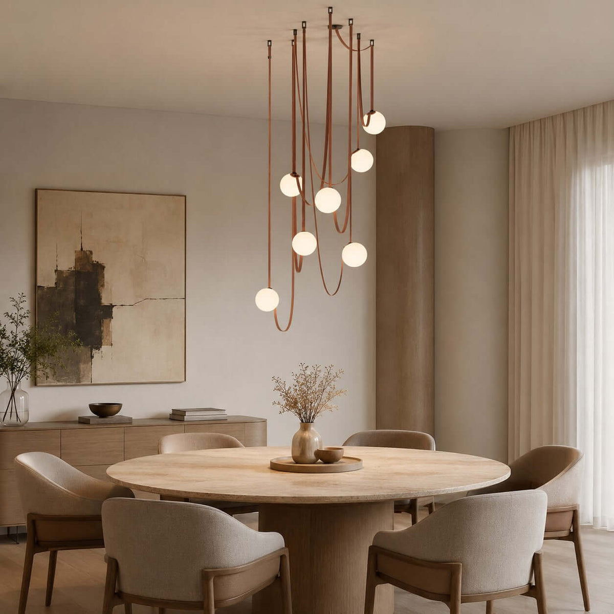 Modern ceiling light with an asymmetrical design and illuminated spheres