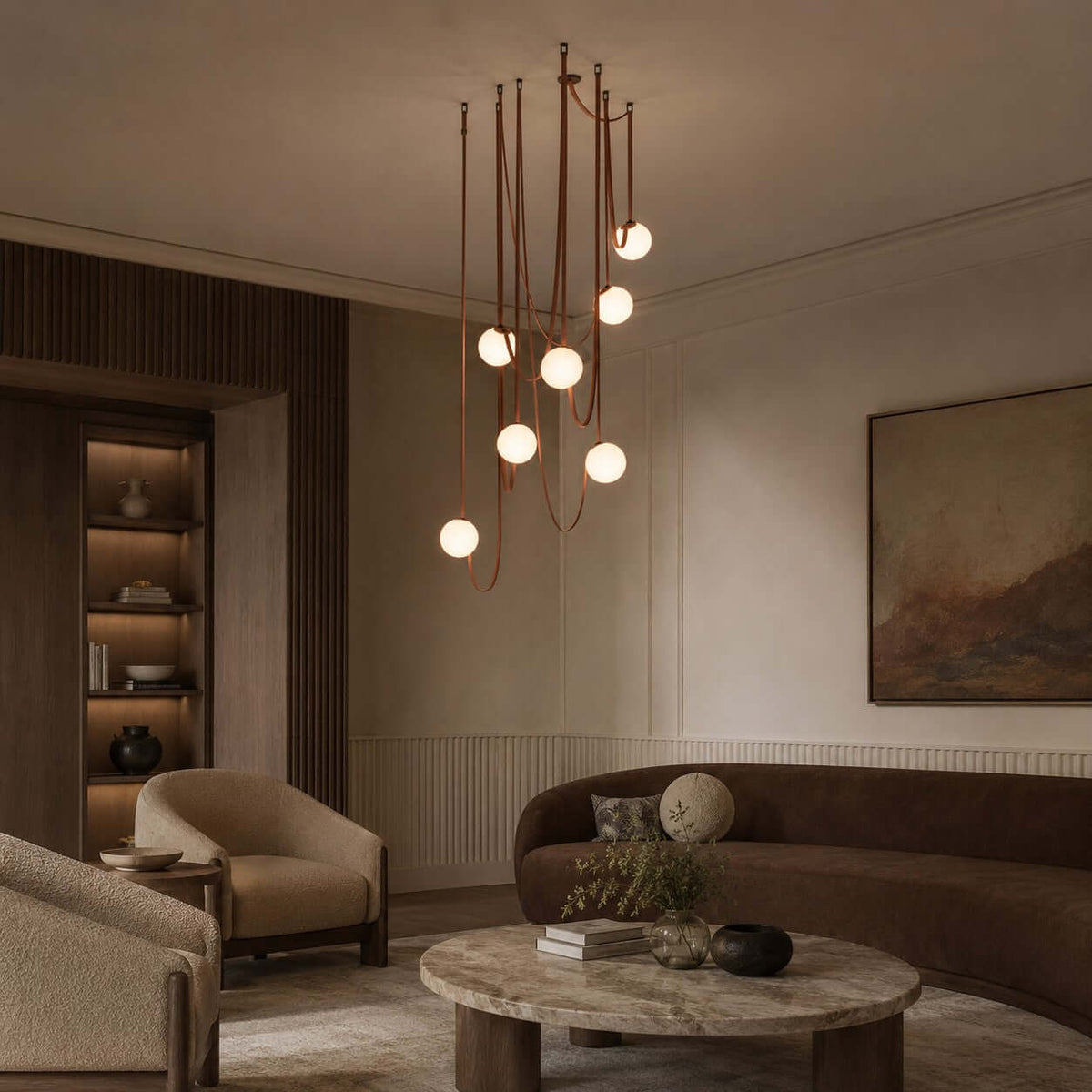 Modern ceiling light with an asymmetrical design and illuminated spheres