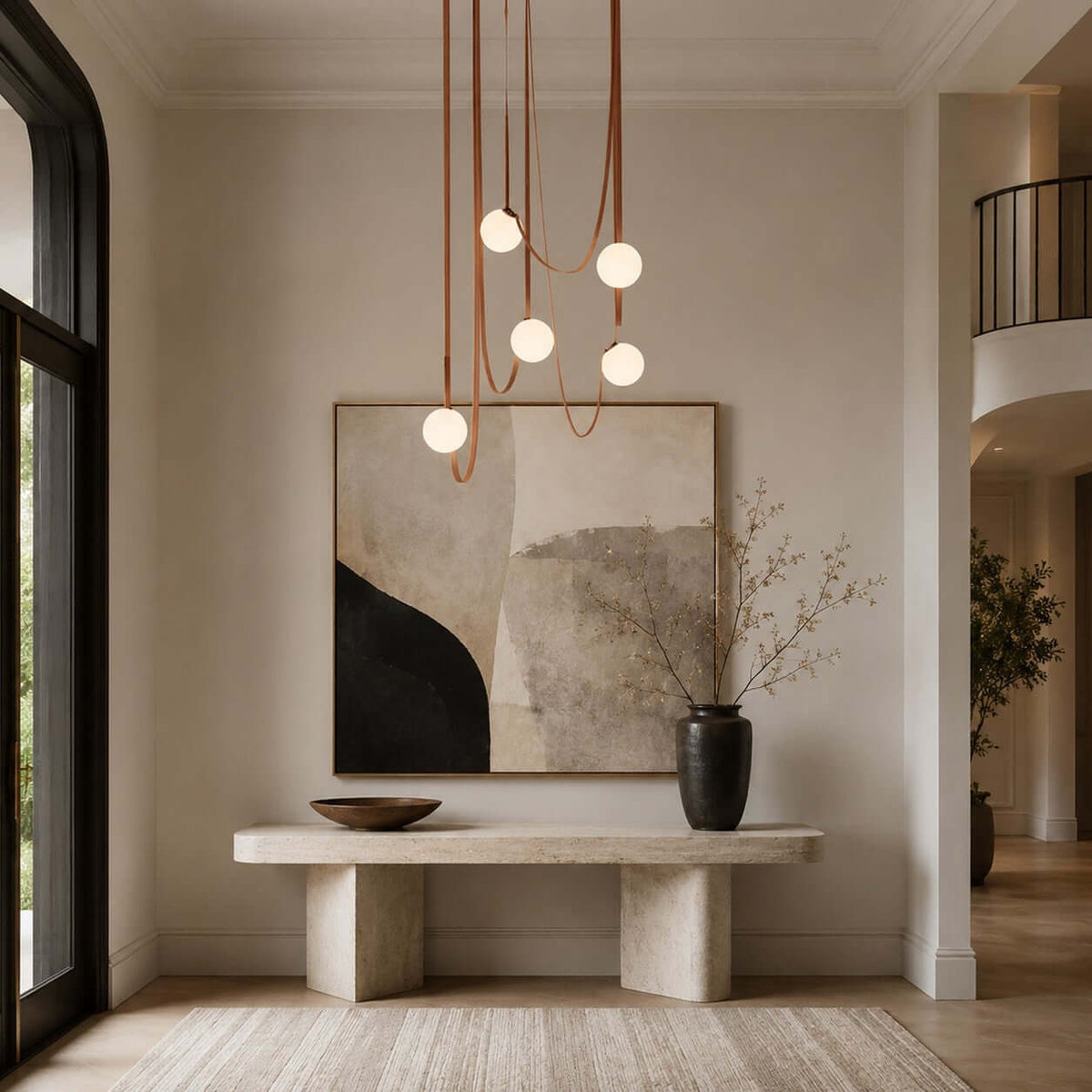 Modern ceiling light with an asymmetrical design and illuminated spheres