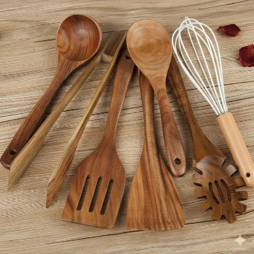 Set van 7 houten keukengerei voor koken