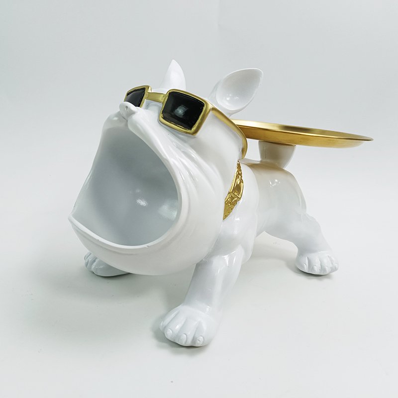 Wit bulldogbeeldje met ronde schaal