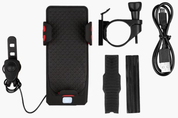 Bike phone holder with light, horn, and power bank