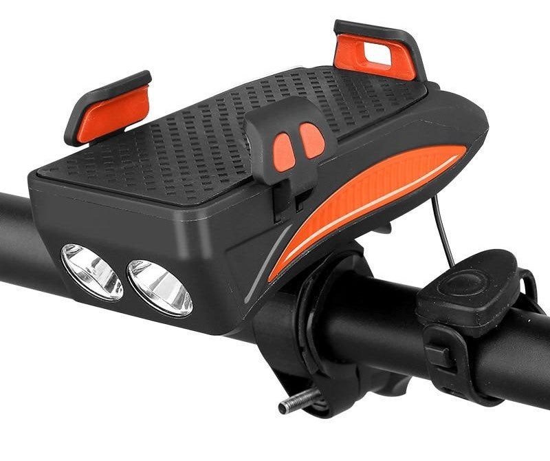 Bike phone holder with light, horn, and power bank