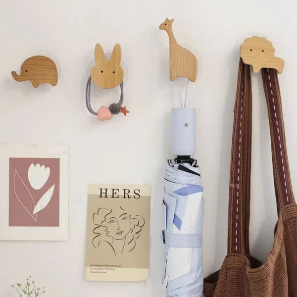 Wooden animal-shaped wall hook with adhesive base