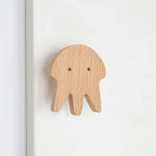 Wooden animal-shaped wall hook with adhesive base