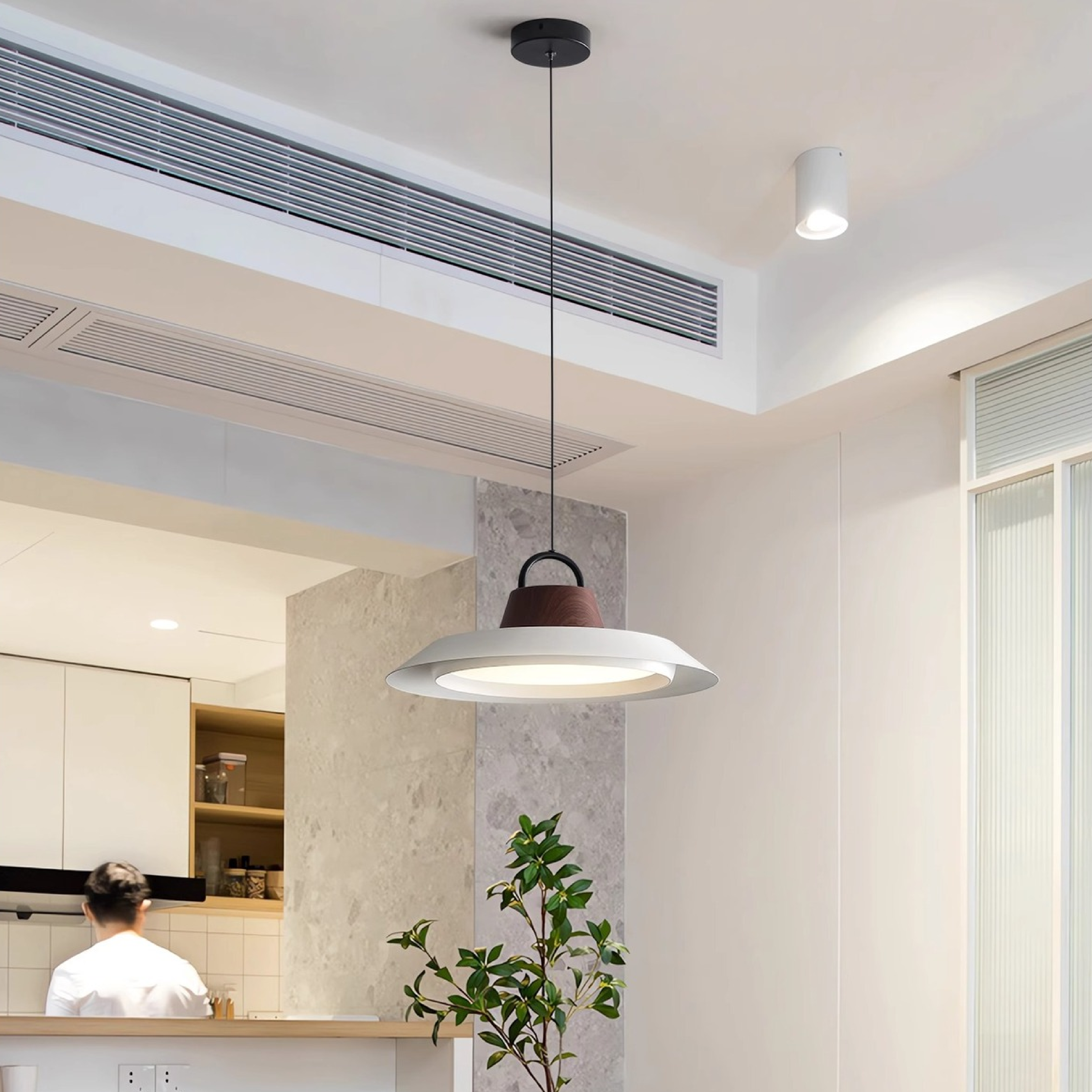 Okrągła skandynawska lampa wisząca z drewna/metalu