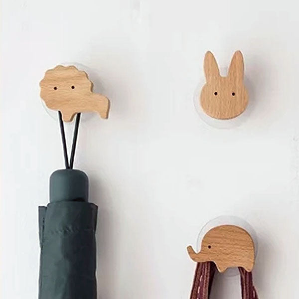 Wooden animal-shaped wall hook with adhesive base