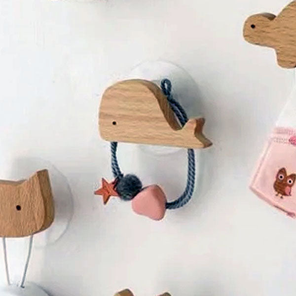 Wooden animal-shaped wall hook with adhesive base